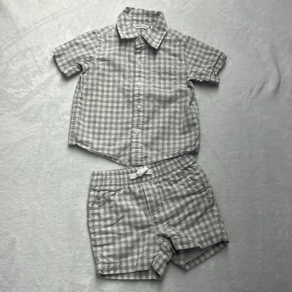 Janie & Jack Gingham Plaid Outfit Baby Boy 6-12m Grey Cotton Coastal Beach